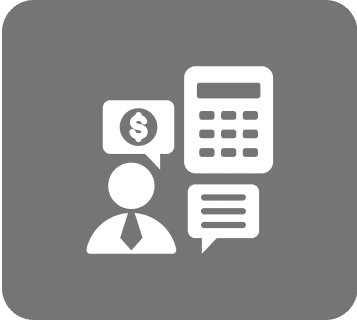 Person with calculator and speech bubbles icon.